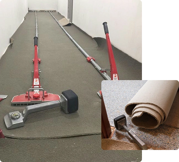 Carpet stretcher tools and rolled carpet installation