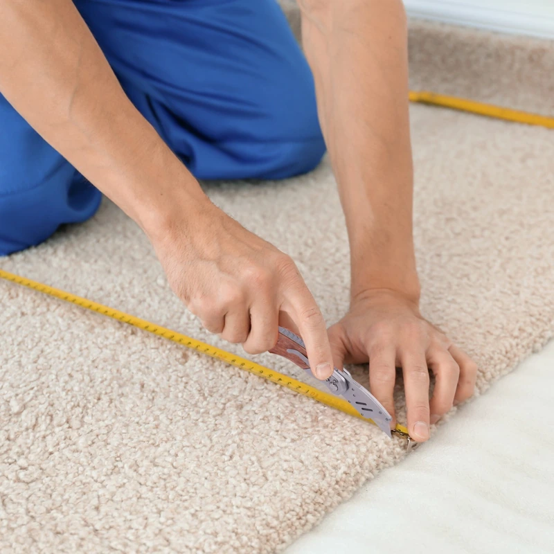 Installer measuring and cutting carpet with a blade.