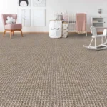 Neutral patterned carpet in a bright, modern nursery
