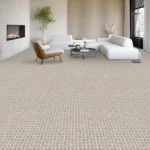 Spacious living room with grey patterned carpeting